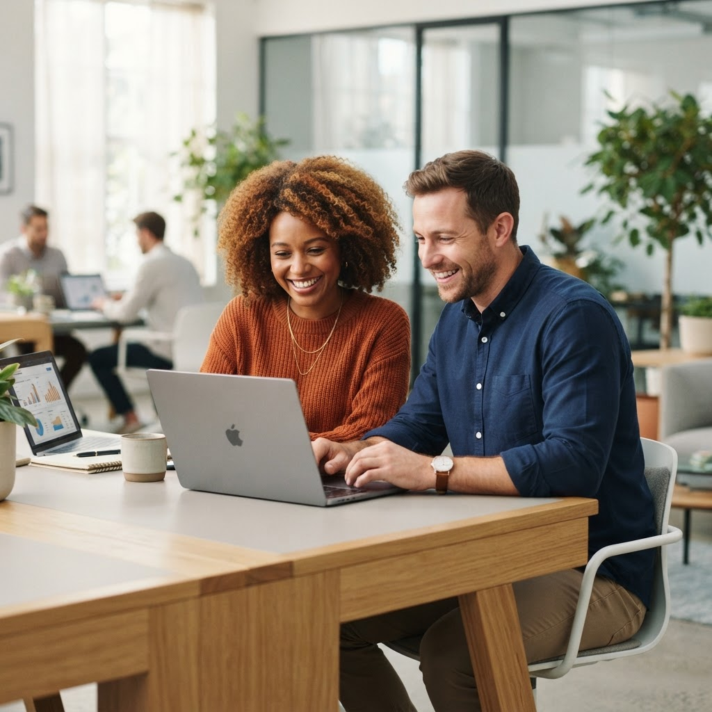 Duas pessoas sorrindo enquanto usam um laptop juntas